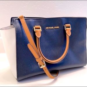 Michael Kors Selma Large Saffiano satchel purse crossbody navy white tan